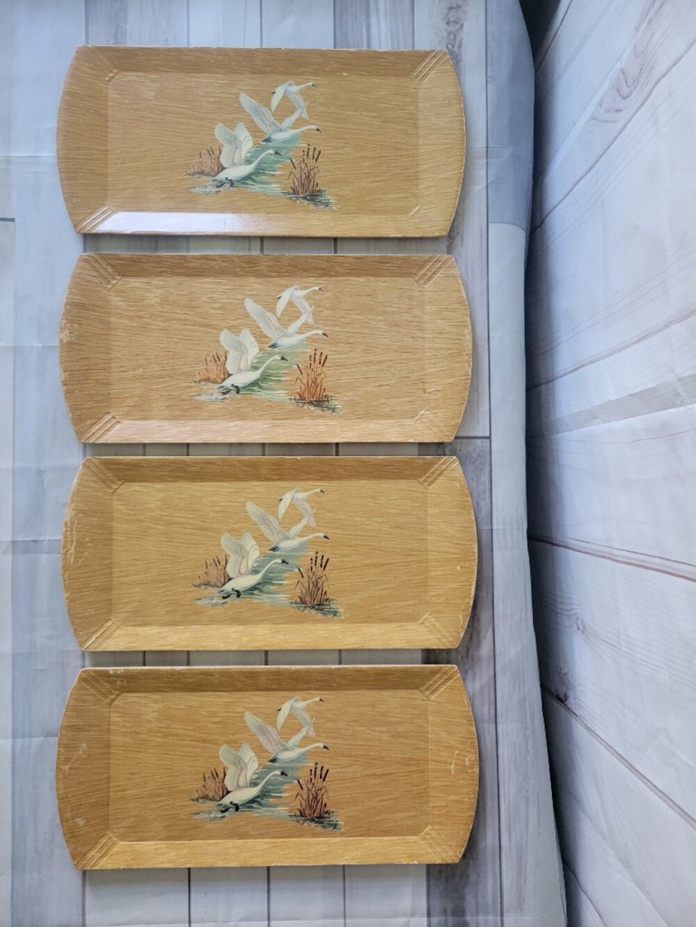 Vintage MCM Coronet Haskelite Lithograph Paper TV Trays w/ Swans, Lot of 4 wood